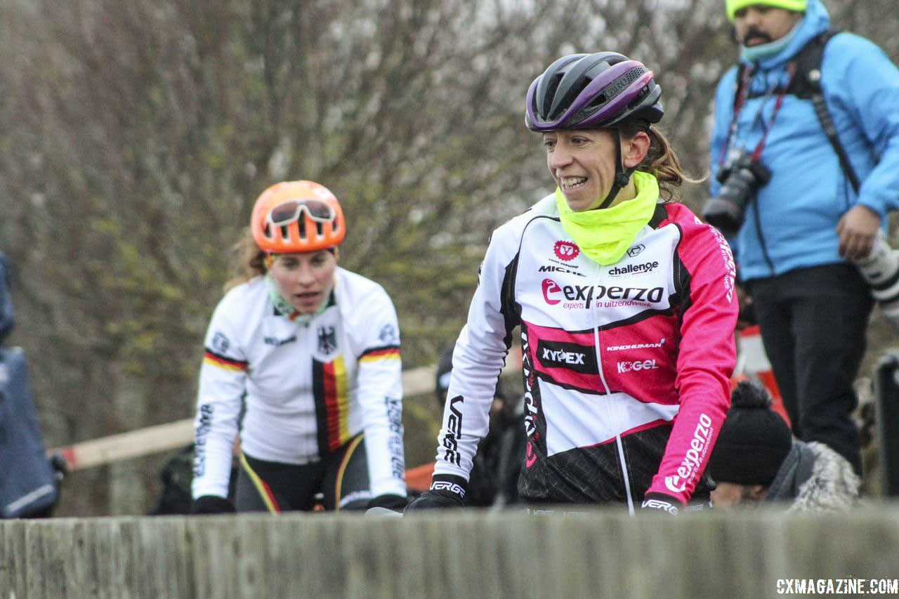 Helen Wyman switched to the Experza Pro CX team at the end of her career. 2019 Bogense World Championships Course Inspection, Friday Afternoon. © Z. Schuster / Cyclocross Magazine