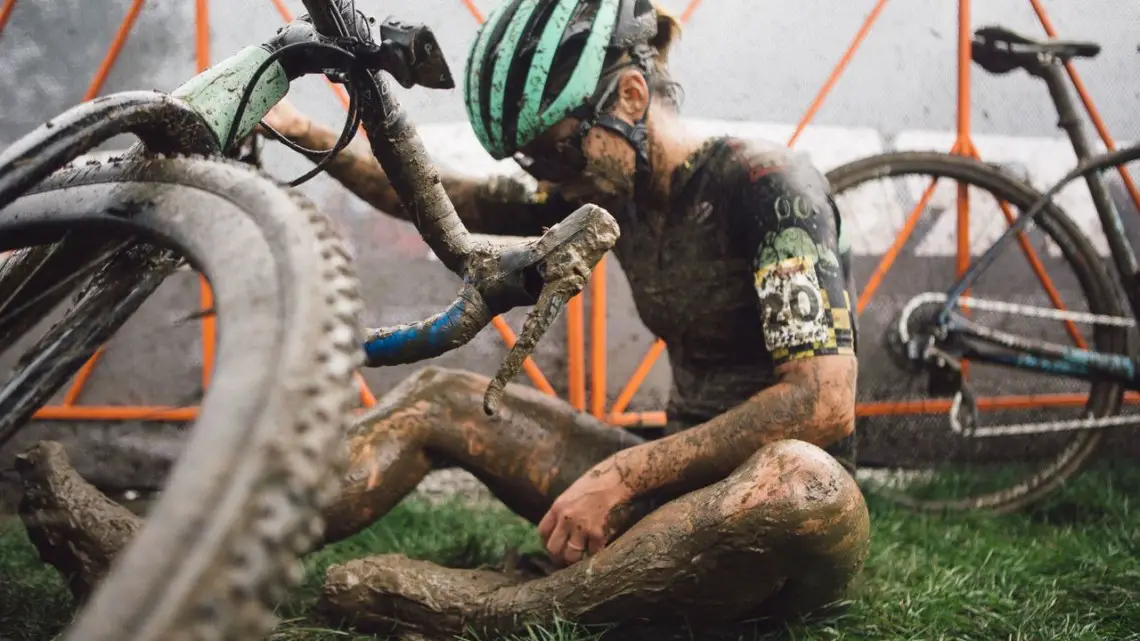 Caroline Nolan takes a moment after finishing the challenging World Cup Waterloo. Caroline Nolan World Cup Waterloo Rider Diary. © Balint Hamvas / Cyclephotos