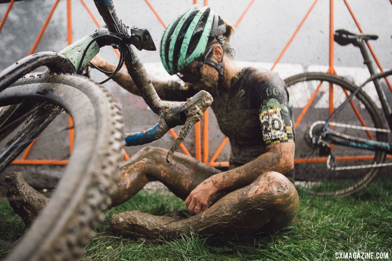 Caroline Nolan takes a moment after finishing the challenging World Cup Waterloo. Caroline Nolan World Cup Waterloo Rider Diary. © Balint Hamvas / Cyclephotos