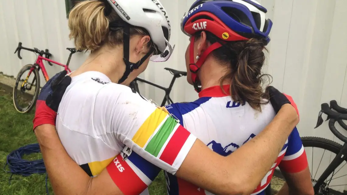 Katerina Nash embraces mentee and friend Maghalie Rochette after her World Cup win. 2019 Jingle Cross World Cup. © Z. Schuster / Cyclocross Magazine