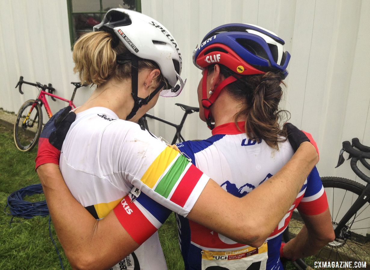 Katerina Nash embraces mentee and friend Maghalie Rochette after her World Cup win. 2019 Jingle Cross World Cup. © Z. Schuster / Cyclocross Magazine
