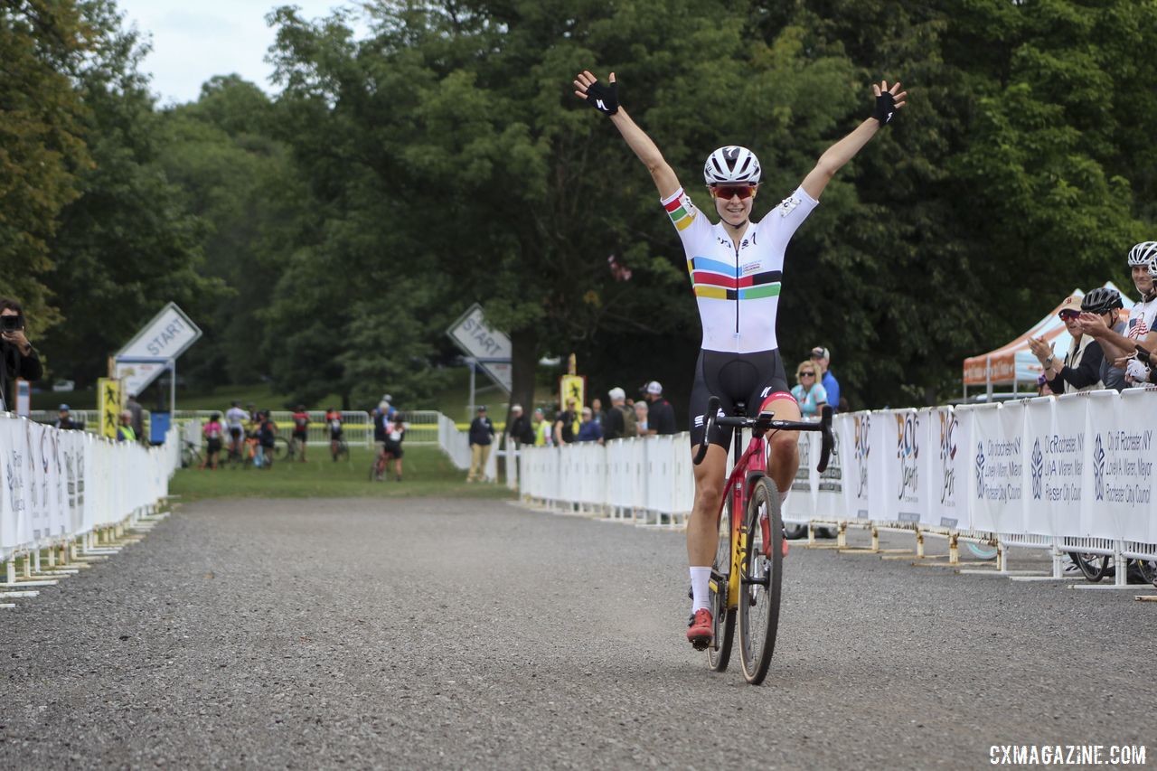 Maghalie Rochette celebrates her double at Rochester. 2019 Rochester Cyclocross Day 2. © Z. Schuster / Cyclocross Magazine