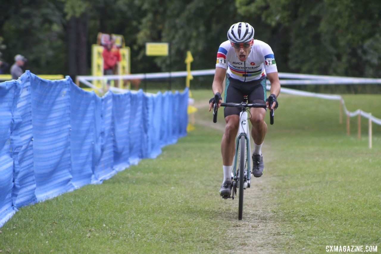 Curtis White was all-in trying to hold his lead. 2019 Rochester Cyclocross Day 2. © Z. Schuster / Cyclocross Magazine