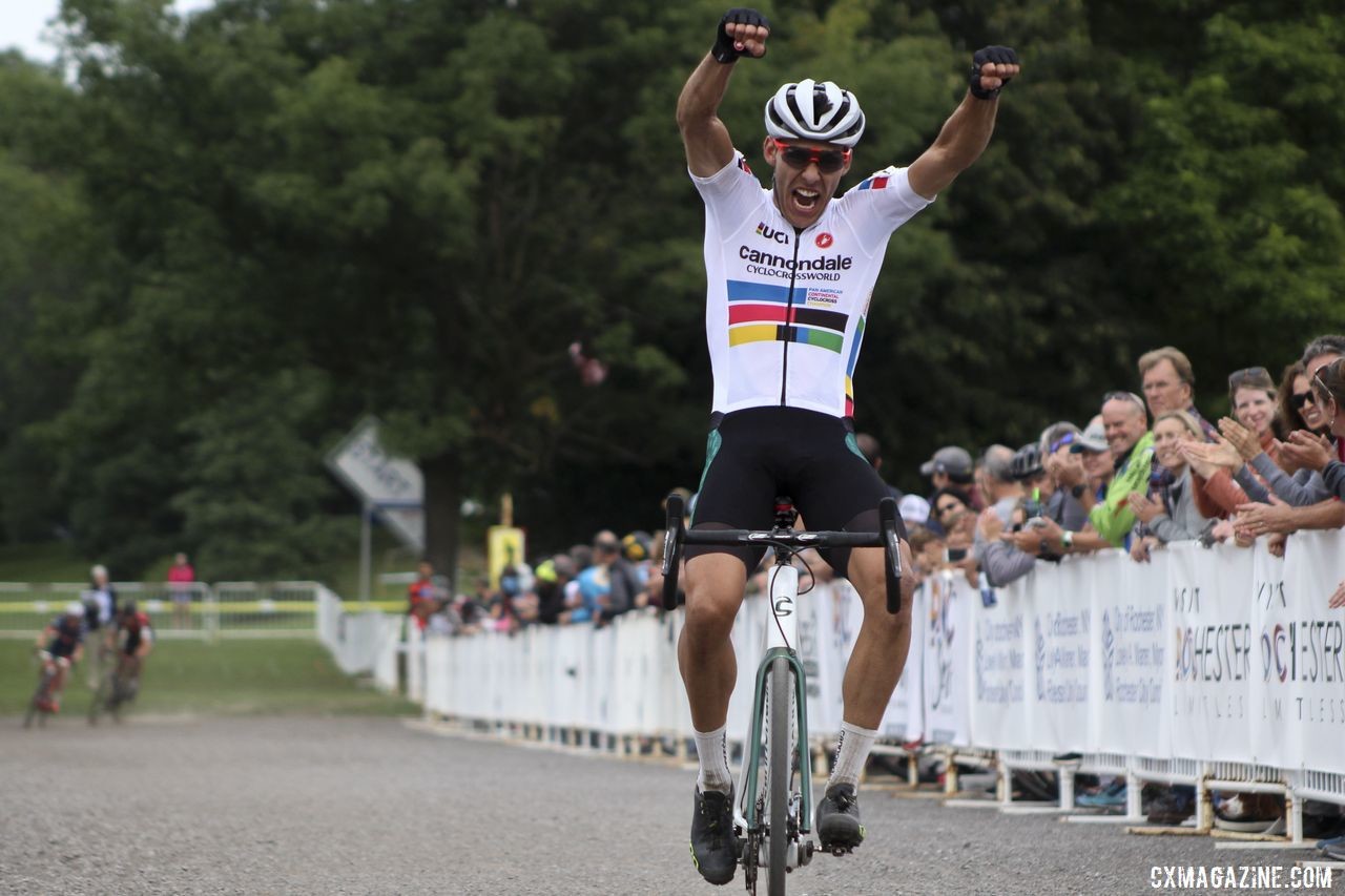 Curtis White celebrates his Day 2 win in Rochester. 2019 Rochester Cyclocross Day 2. © Z. Schuster / Cyclocross Magazine