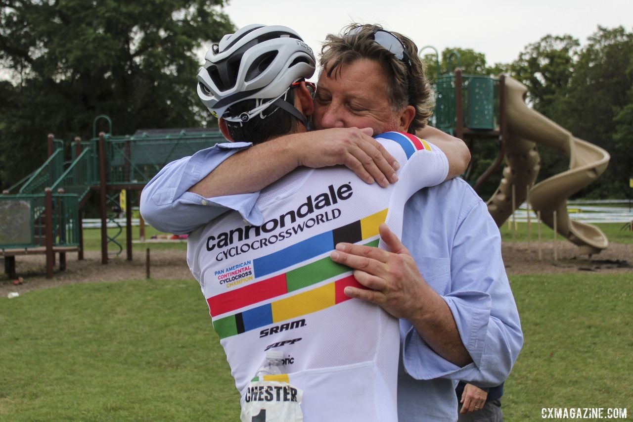 Curtis White and his dad embrace after White's dramatic win. 2019 Rochester Cyclocross Day 2. © Z. Schuster / Cyclocross Magazine