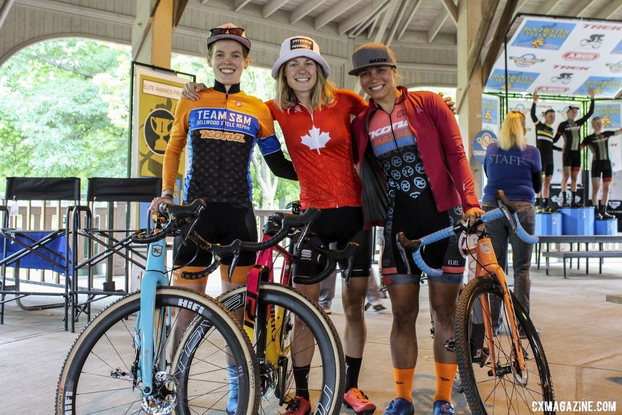 Maghalie Rochette, Clara Honsinger and Rebecca Fahringer made up an impromptu podium on Sunday. 2019 Rochester Cyclocross Day 2. © Z. Schuster / Cyclocross Magazine