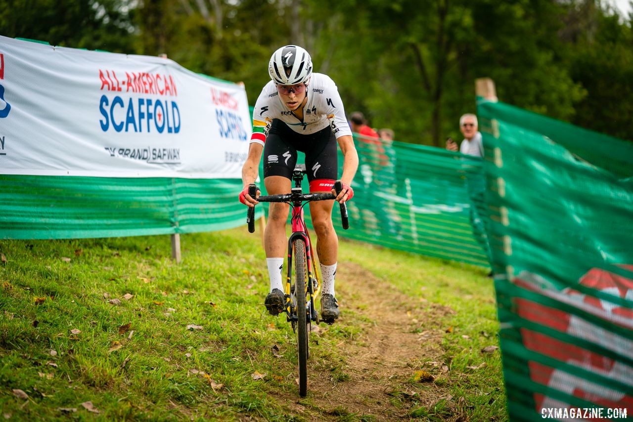 Maghalie Rochette focuses on the Mt. Krumpit descent while solo off the front. 2019 Jingle Cross Weekend. © Drew Coleman