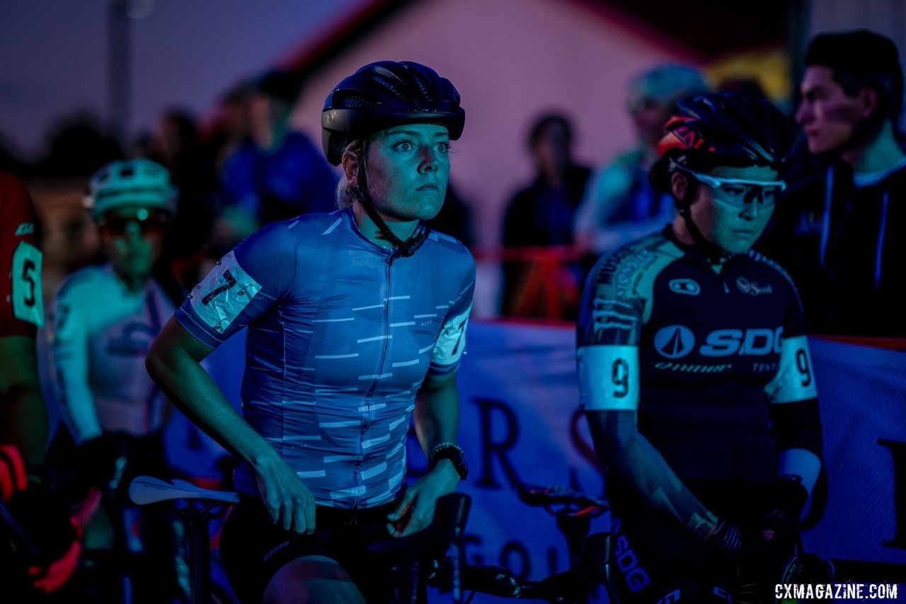 Amanda Nauman and Raylyn Nuss turned blue in the Friday night lights. 2019 Jingle Cross Weekend. © Drew Coleman