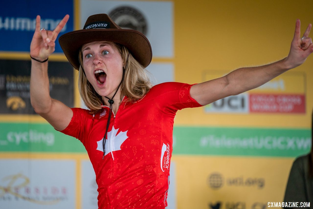 Maghalie Rochette was stoked after her World Cup win. 2019 Jingle Cross Weekend. © Drew Coleman