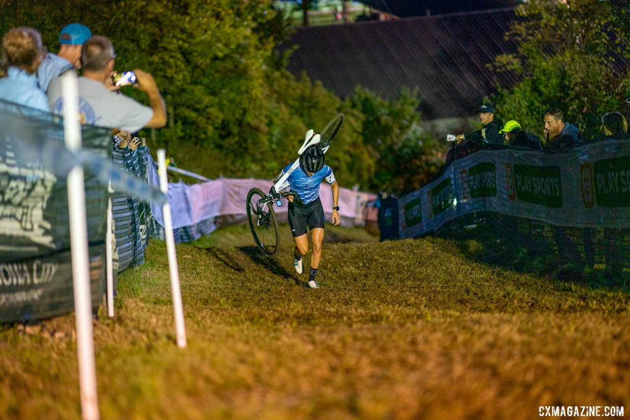 Raylyn Nuss runs up Mt. Krumpit during the Friday night race. 2019 Jingle Cross Weekend. © Drew Coleman