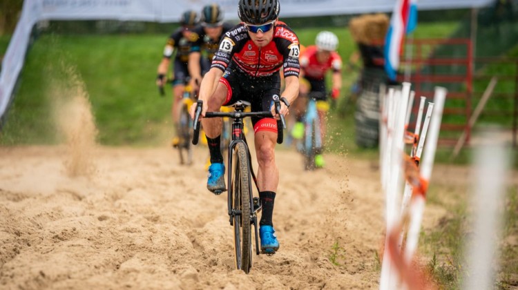 Eli Iserbyt leads through the sand en route to his World Cup win. 2019 Jingle Cross Weekend. © Drew Coleman