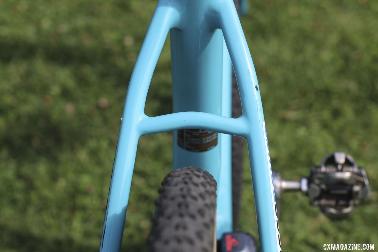 The Major Jake has a seatstay bridge, which is not something we see on every cyclocross race bike. Clara Honsinger's 2019/20 Kona Major Jake. © Z. Schuster / Cyclocross Magazine