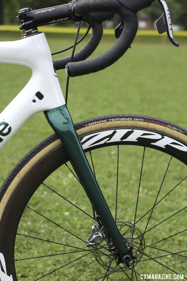 The Cannondale p/b CyclocrossWorld team bikes have a solid forest green carbon fork this year. Curtis White's 2019/20 Cannondale SuperX Cyclocross Bike. © Z. Schuster / Cyclocross Magazine