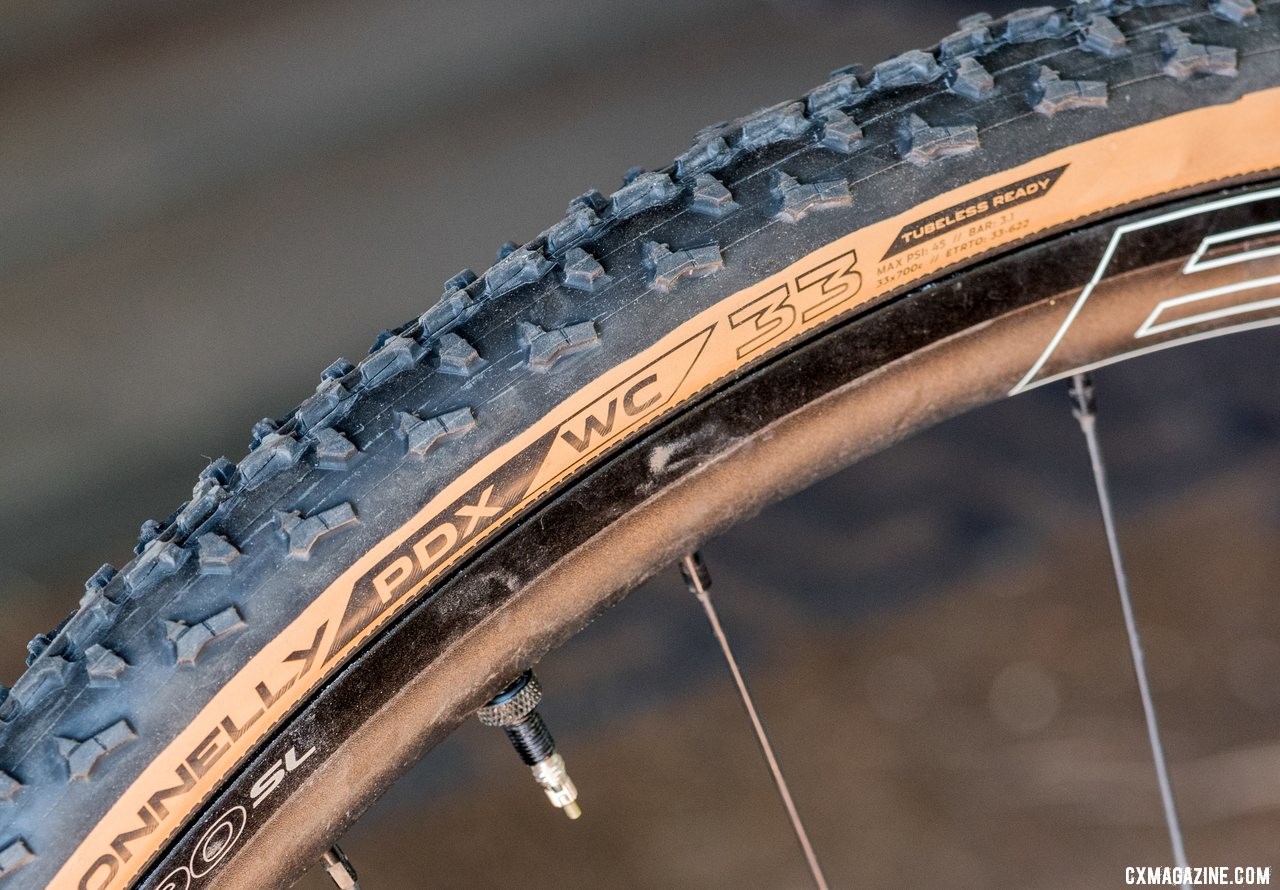 Donnelly's new handmade 33mm PDX WC tubeless cyclocross clincher is aimed at UCI-tire-width-restricted cyclocross racers. © C. Lee / Cyclocross Magazine