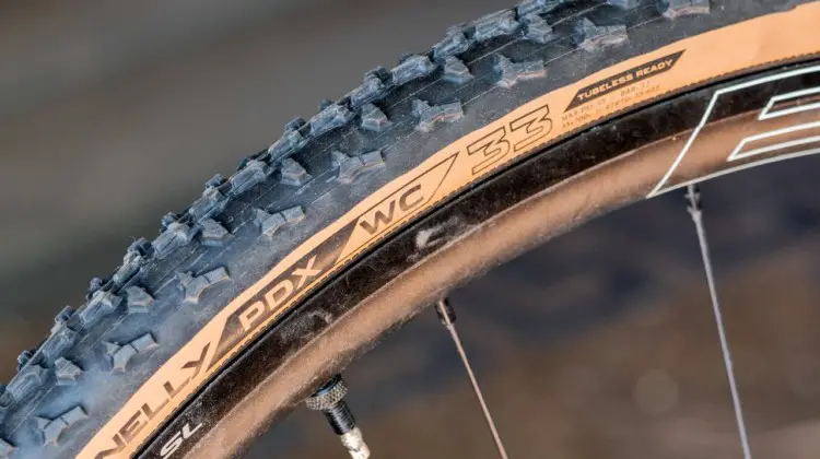 Donnelly's new handmade 33mm PDX WC tubeless cyclocross clincher is aimed at UCI-tire-width-restricted cyclocross racers. © C. Lee / Cyclocross Magazine