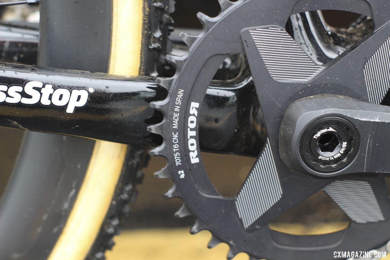 Rotor's 1x rings are made from 7075 aluminum. Eli Iserbyt's 2019 World Cup Waterloo Ridley X-Night SL Disc. © Z. Schuster / Cyclocross Magazine