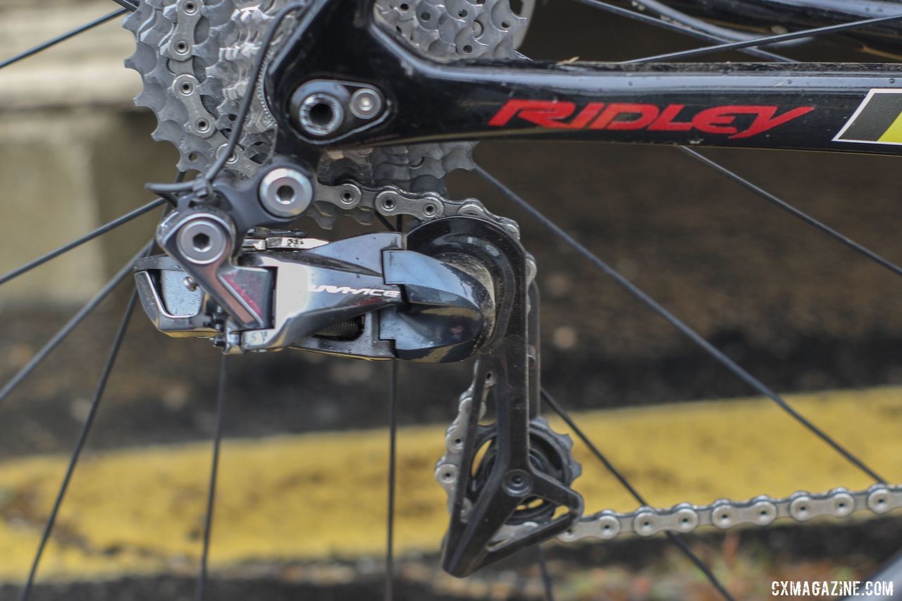 Like most Euros, Iserbyt opted for the clutch-less Dura-Ace R9150 rear derailleur, even though he ran a 1x setup. Eli Iserbyt's 2019 World Cup Waterloo Ridley X-Night SL Disc. © Z. Schuster / Cyclocross Magazine