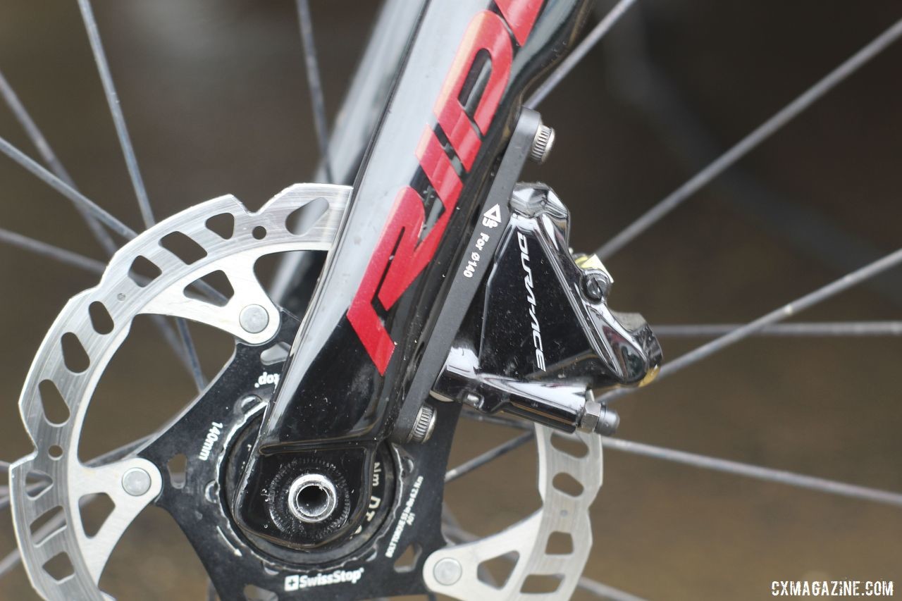 Shimano Dura-Ace R9170 flat mount calipers with SwissStop brake pads helped Iserbyt with braking in the Waterloo mud. Eli Iserbyt's 2019 World Cup Waterloo Ridley X-Night SL Disc. © Z. Schuster / Cyclocross Magazine