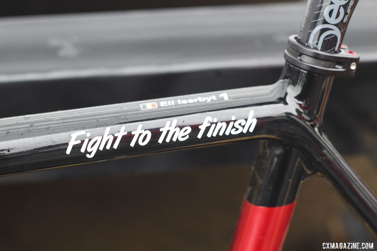 "Fight to the finish" is the team's motto for the season. Eli Iserbyt's 2019 World Cup Waterloo Ridley X-Night SL Disc. © Z. Schuster / Cyclocross Magazine