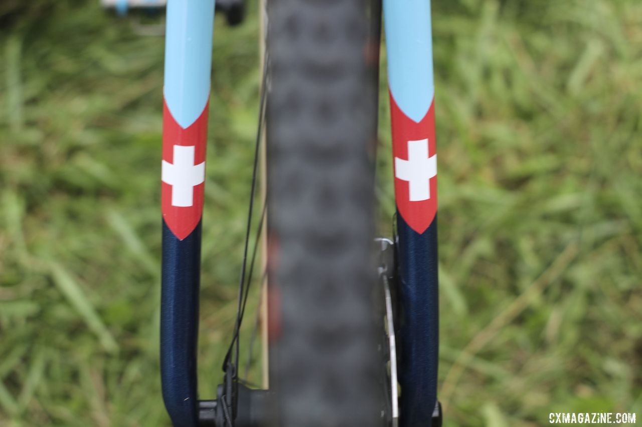 Swiss crosses adorn Neff's bike, including the fork. Jolanda Neff's 2019 World Cup Waterloo Trek Boone. © Z. Schuster / Cyclocross Magazine