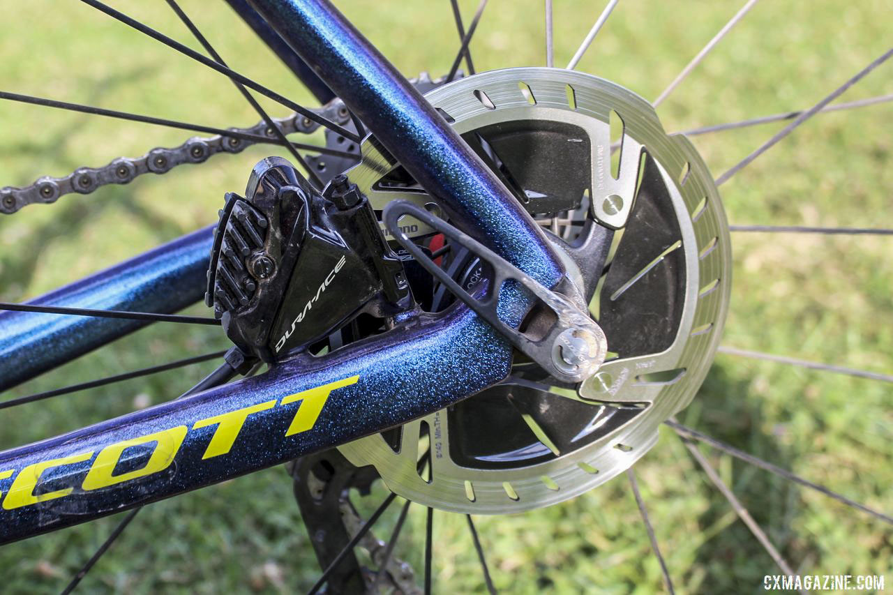 Baestaens ran Shimano Dura-Ace calipers with Ice-Tech Freeza rotors. Vincent Baestaens Rochester Day 1 Winning Scott Addict CX. © Z. Schuster / Cyclocross Magazine
