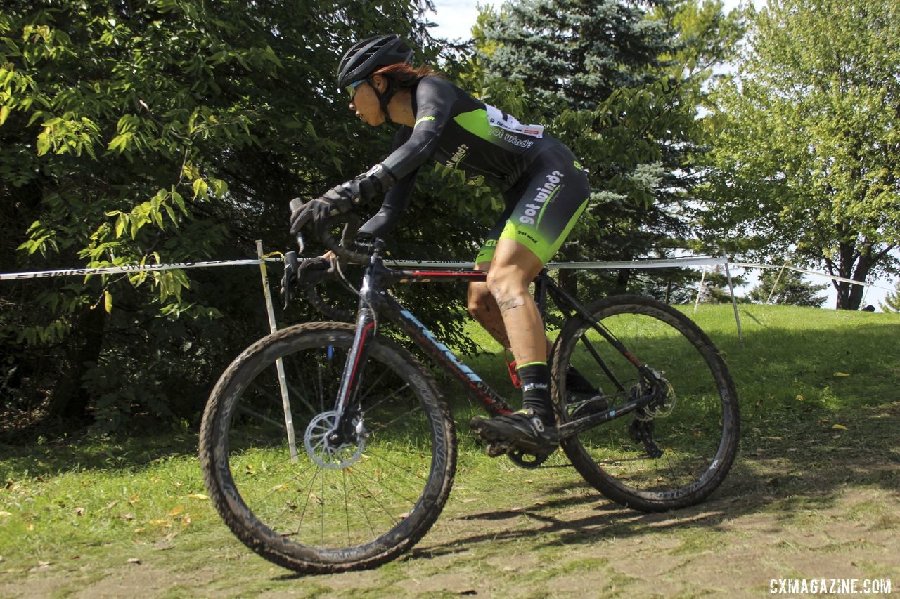 Kae Takeshita drops down one of the descents. 2019 CCC Hopkins Park CX at Indian Lakes. © Z. Schuster / Cyclocross Magazine