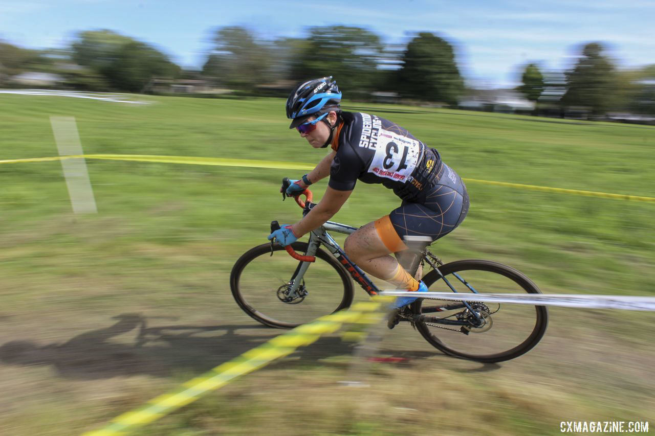 Becky Mikrut takes one of the corners. 2019 CCC Hopkins Park CX at Indian Lakes. © Z. Schuster / Cyclocross Magazine