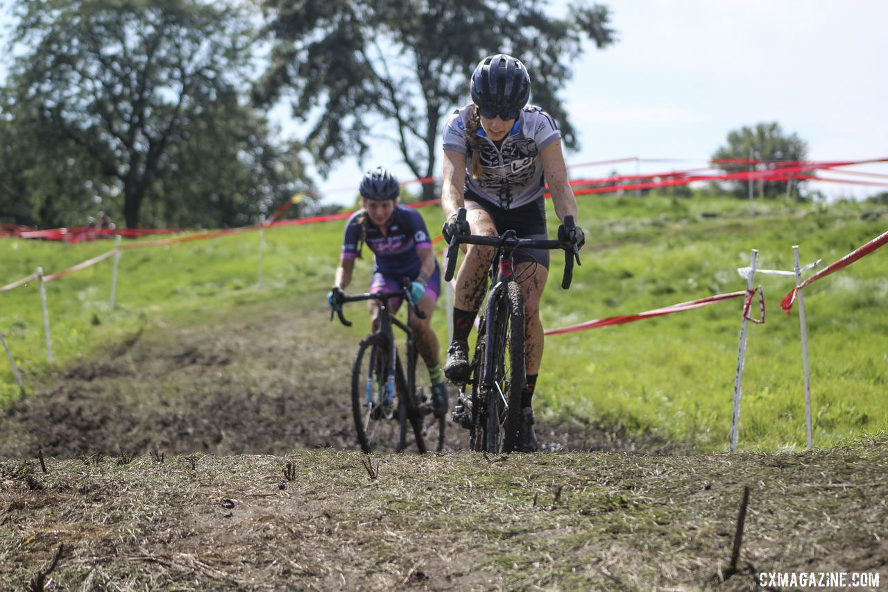 Amy Schultz and Mary Randall battle for fifth place. 2019 CCC Hopkins Park CX at Indian Lakes. © Z. Schuster / Cyclocross Magazine