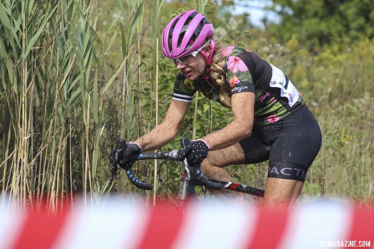 Sydney Guagliardo took home a nice face full of mud for her podium effort. 2019 CCC Hopkins Park CX at Indian Lakes. © Z. Schuster / Cyclocross Magazine