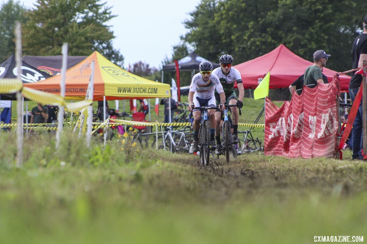 Isaac Neff joined Tim Strelecki off the front in Lap 2. 2019 CCC Hopkins Park CX at Indian Lakes. © Z. Schuster / Cyclocross Magazine