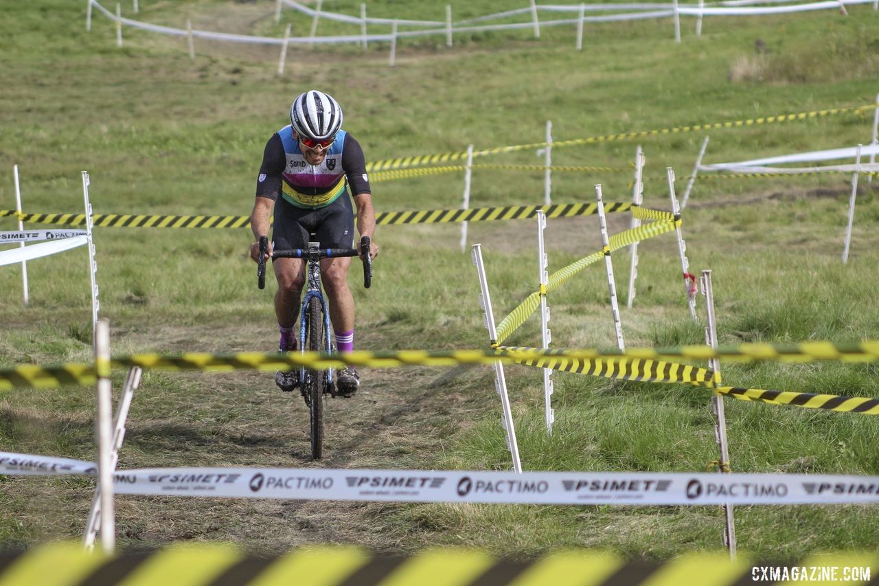 Once he went solo, David Reyes had a lot of course tape to himself. 2019 CCC Hopkins Park CX at Indian Lakes. © Z. Schuster / Cyclocross Magazine