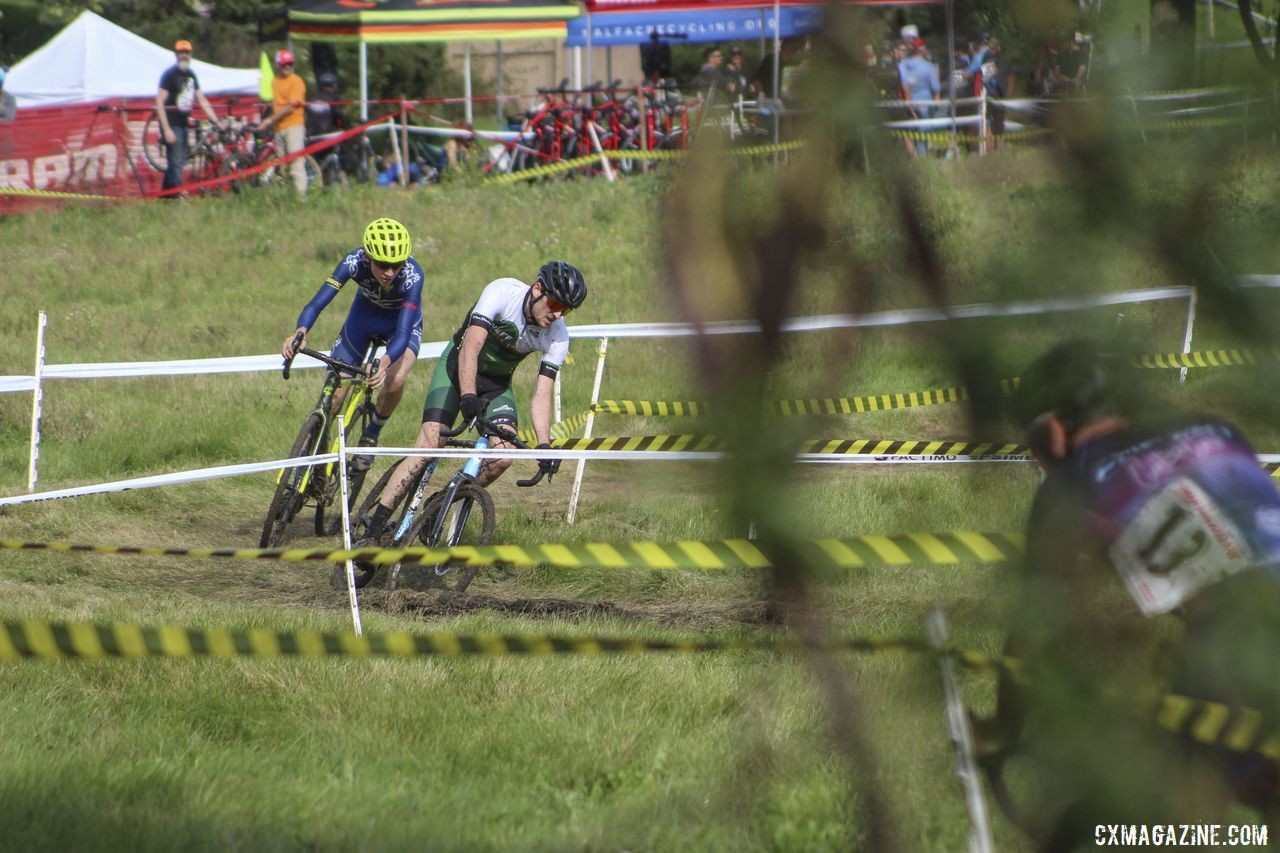Isaac Neff and Peter Swinand battled for third for a while. 2019 CCC Hopkins Park CX at Indian Lakes. © Z. Schuster / Cyclocross Magazine