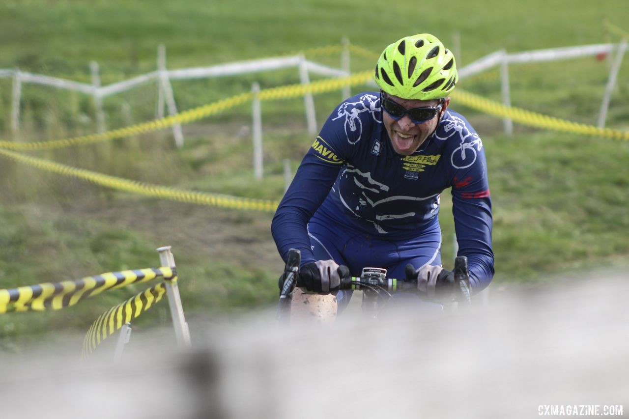 While his son was finishing on the podium, Paul Swinand had some fun of his own. 2019 CCC Hopkins Park CX at Indian Lakes. © Z. Schuster / Cyclocross Magazine