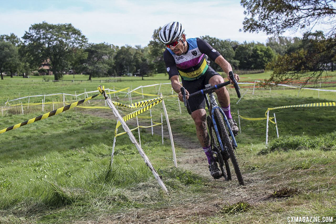 David Rayes maneuvers around a corner. 2019 CCC Hopkins Park CX at Indian Lakes. © Z. Schuster / Cyclocross Magazine