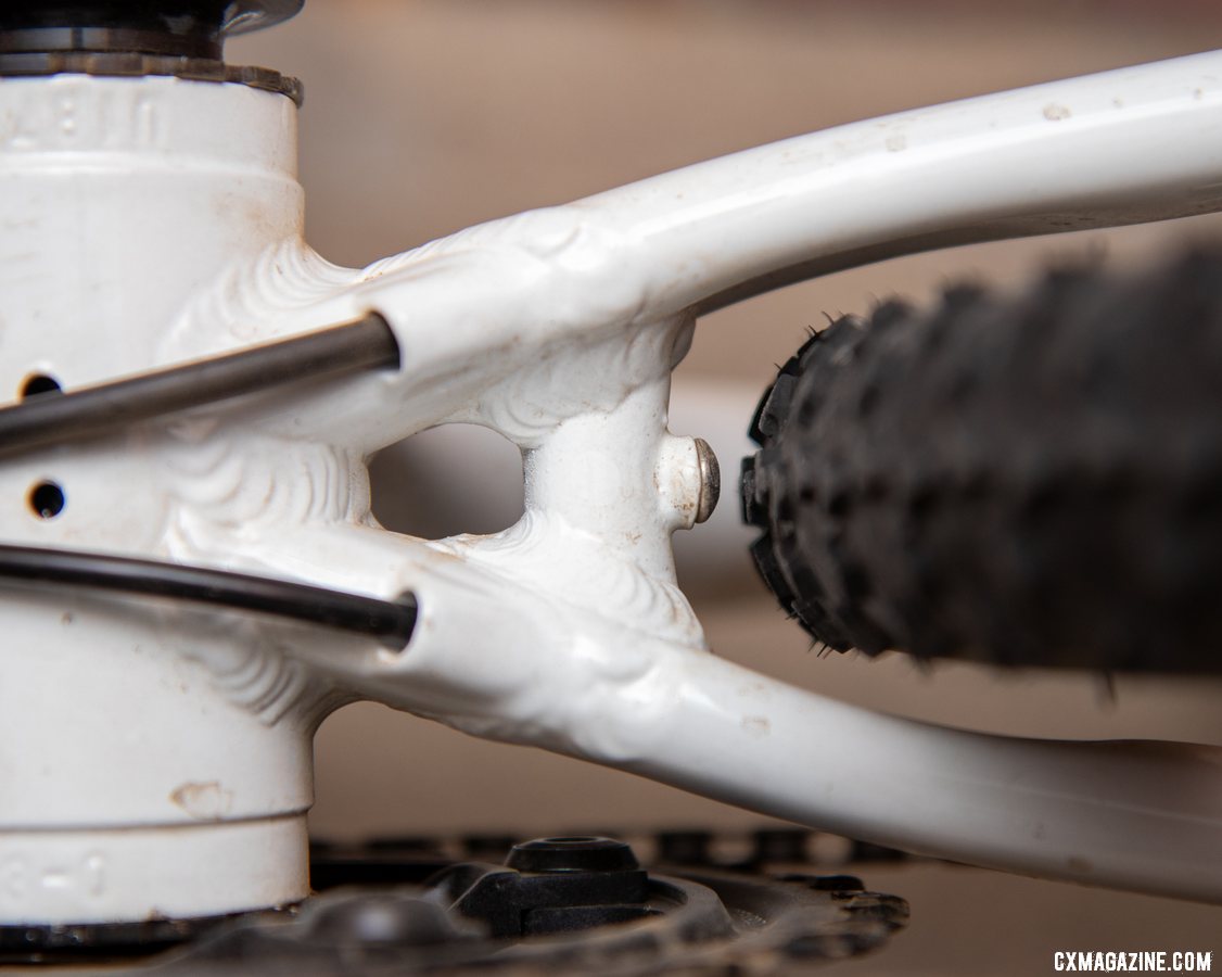 The Noble CX3 alloy cyclocross bike features a press-fit BB86 bottom bracket shell, chainstay bridge and fender mount. It features a 65mm bottom bracket drop and short 42.5cm chainstays. We wish the chainstays could meet the bottom bracket shell closer to its sides for more tire clearance. © A. Yee / Cyclocross Magazine