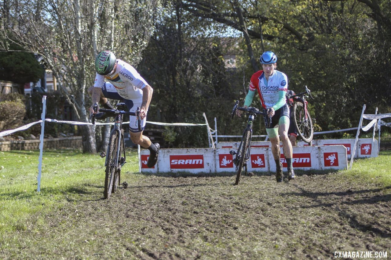 Tim Strelecki and Rory Jack hit the barriers together in Lap 1. 2019 Sunrise Park Cyclocross, Chicago Cross Cup. © Z. Schuster / Cyclocross Magazine