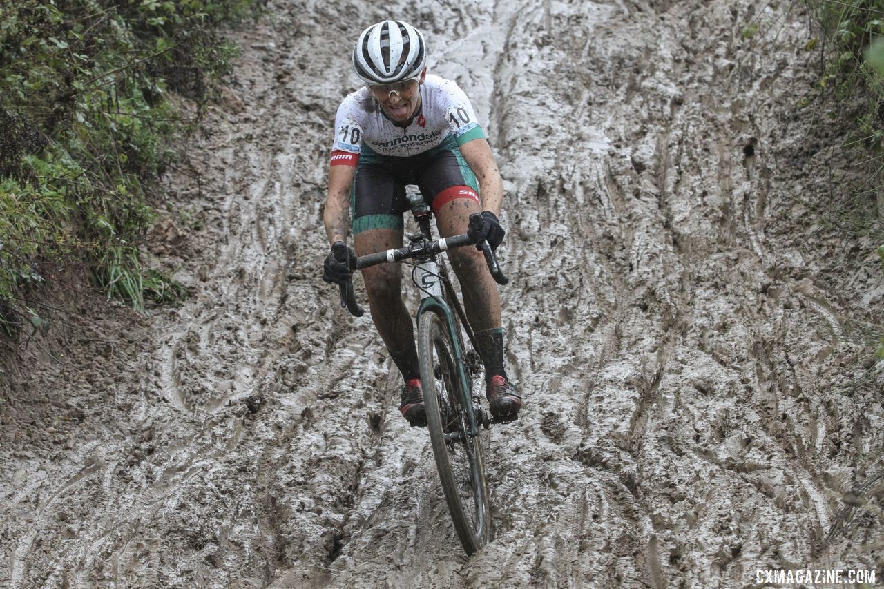 Kaitie Keough skids down one of the muddy descents. 2019 Superprestige Gieten. © B. Hazen / Cyclocross Magazine