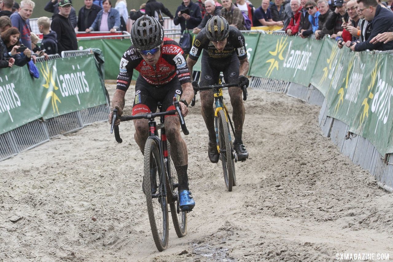 Iserbyt and Hermans battled into the last lap. 2019 Superprestige Gieten. © B. Hazen / Cyclocross Magazine