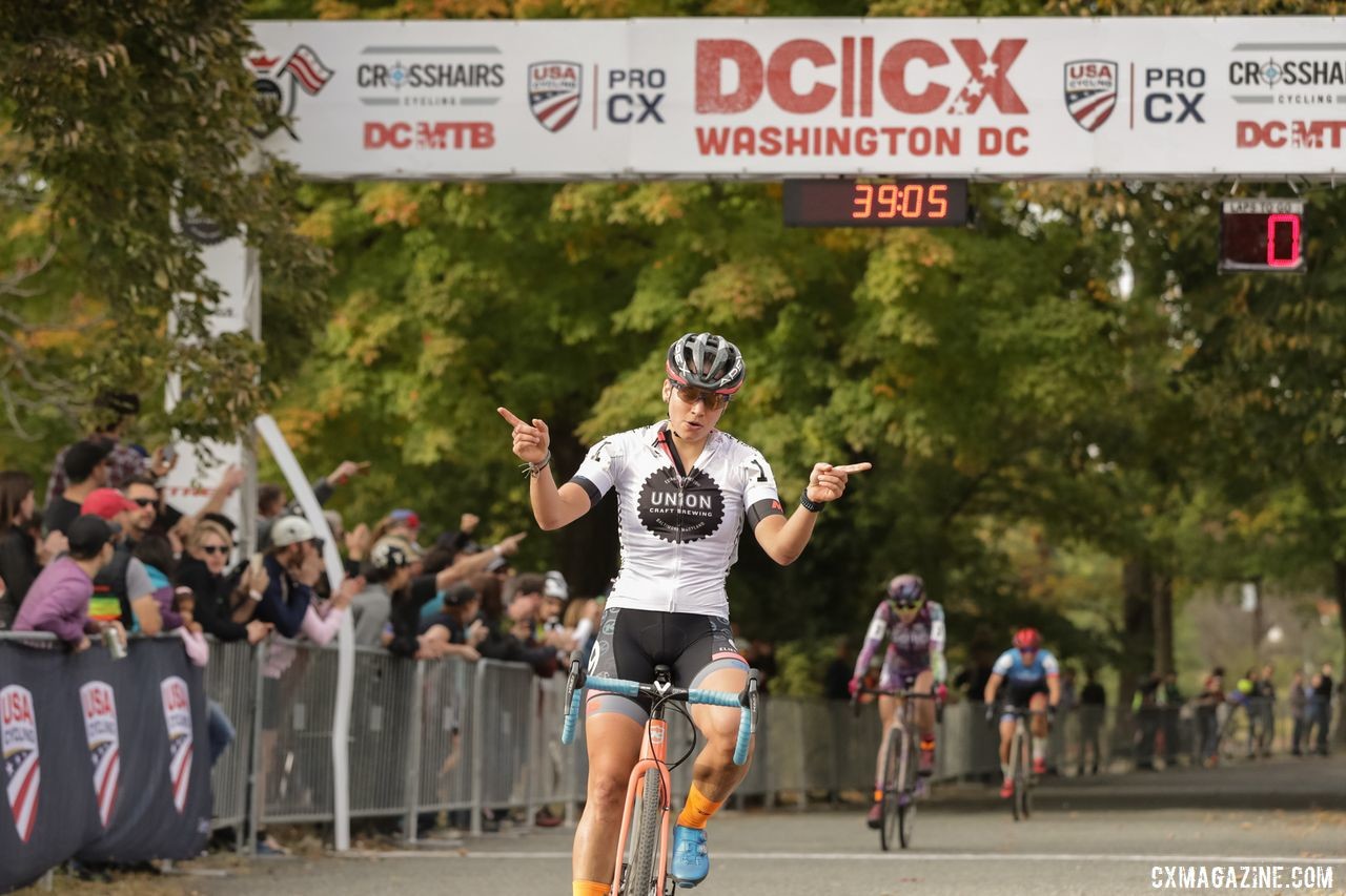 Finger guns for Becca Fahringer after her win Saturday. 2019 DCCX Day 1. © Bruce Buckley