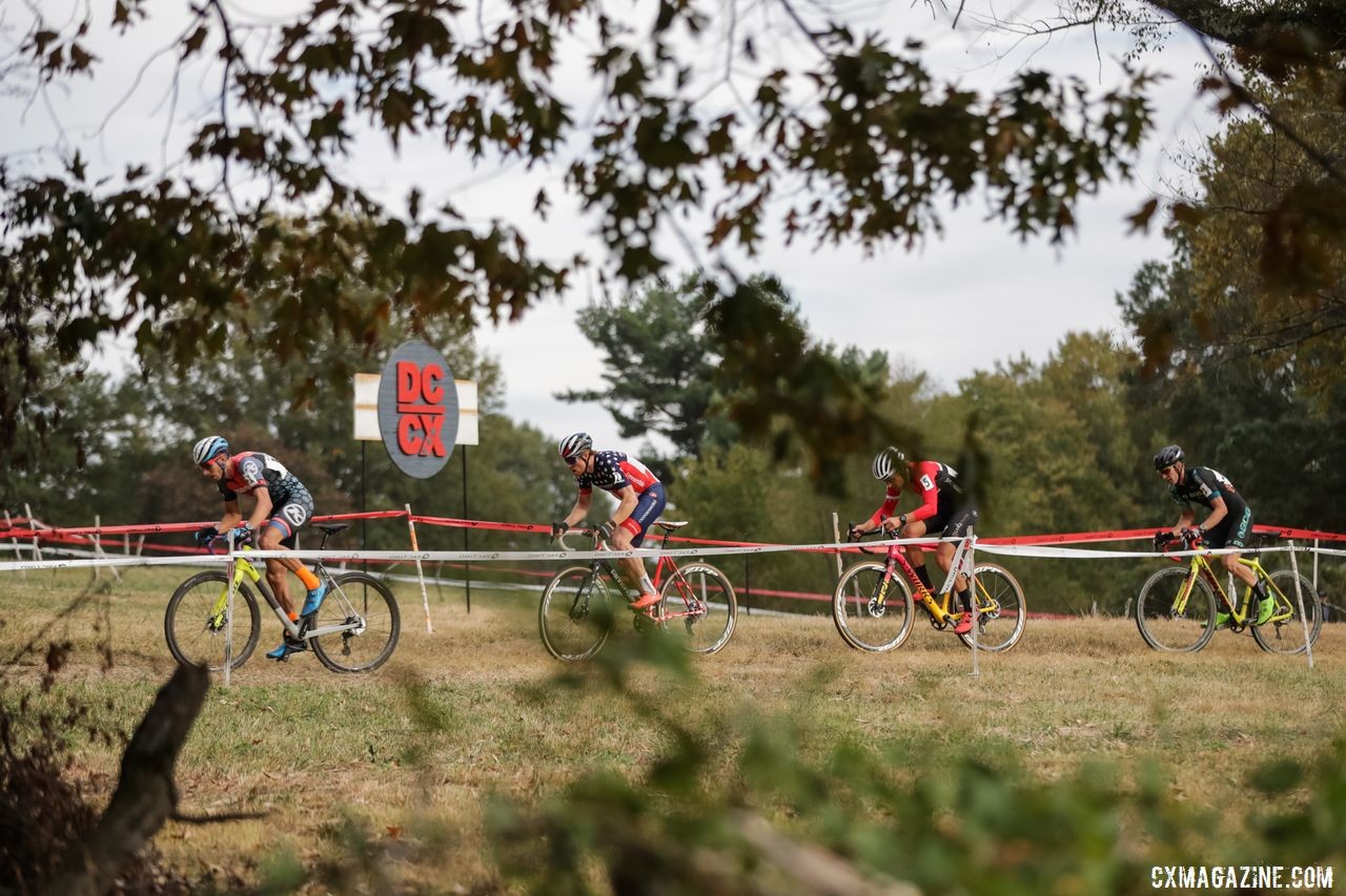 Kerry Werner leads the lead train in the bunched-up Saturday racing. 2019 DCCX Day 1. © Bruce Buckley