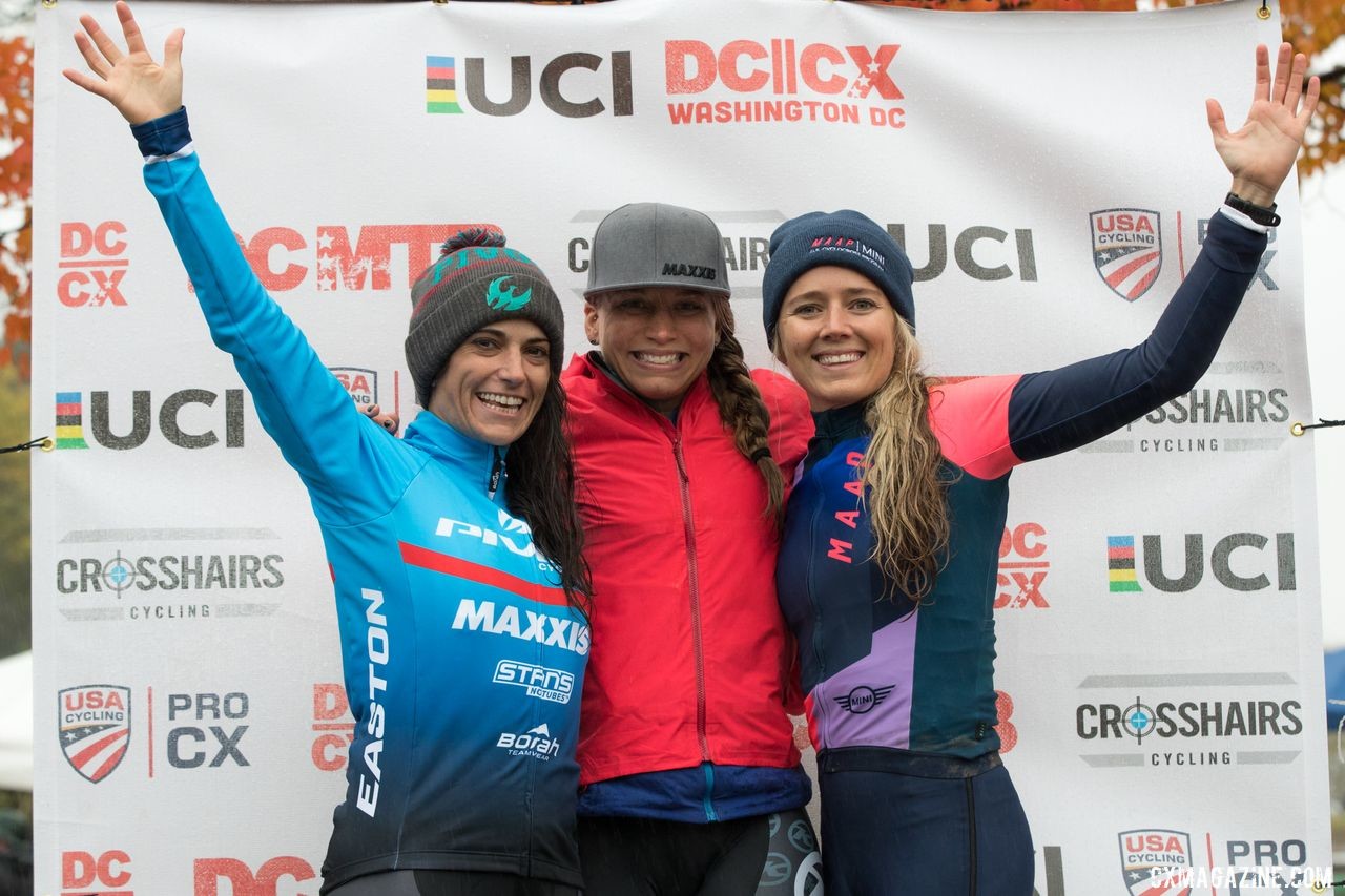 Women's Day 2 podium: Rebecca Fahringer, Courtenay McFadden and Raylun Nuss. 2019 DCCX Day 2. © Bruce Buckley
