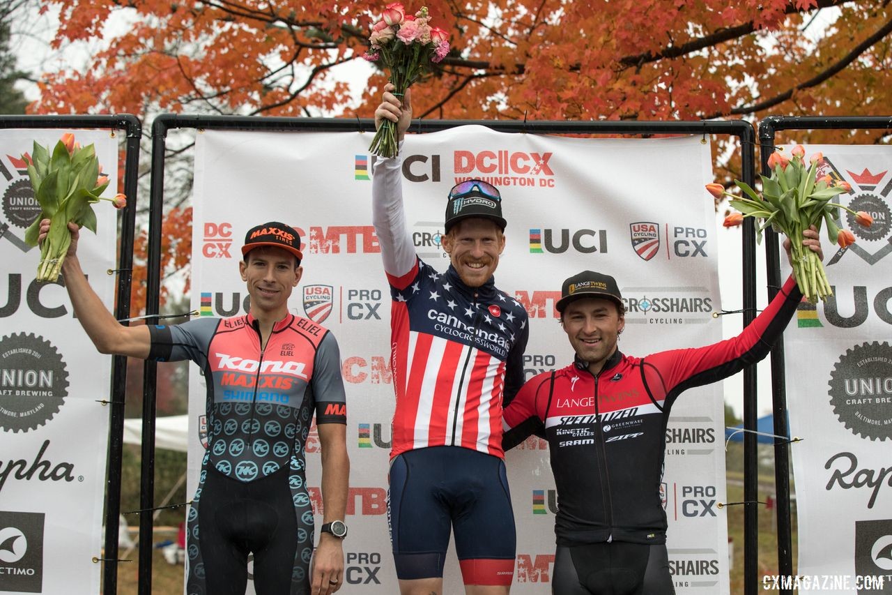 The Men's podium cleaned up nicely after the mudder. 2019 DCCX Day 2. © Bruce Buckley