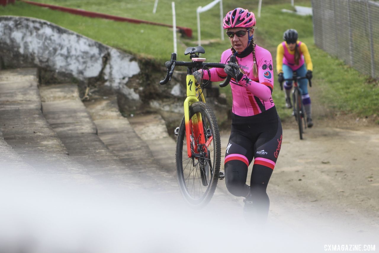 Julie Phelps tackles the stone stairs. 2019 Cross Fire Halloween Race, Wisconsin. © Z. Schuster / Cyclocross Magazine