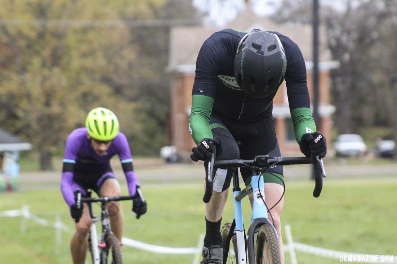 Isaac Neff pulls a Froome while chasing his friend Corey Stelljes. 2019 Cross Fire Halloween Race, Wisconsin. © Z. Schuster / Cyclocross Magazine