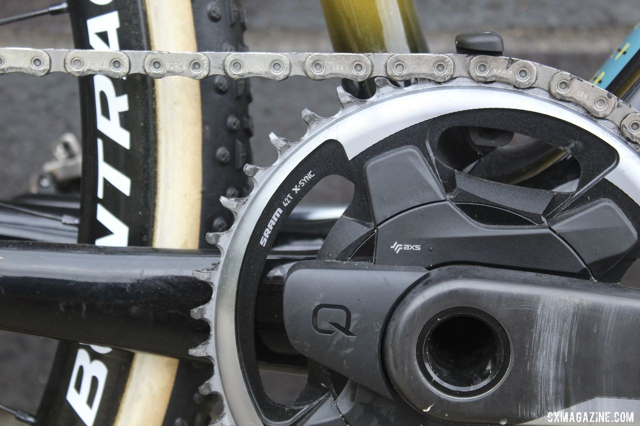 Change a ring, change a chain for the cyclocross stars. Nys' 1x setup at Waterloo included a 42t X-Sync 2 chain ring. Thibau Nys' 2019/20 Trek Boone. © Z. Schuster / Cyclocross Magazine