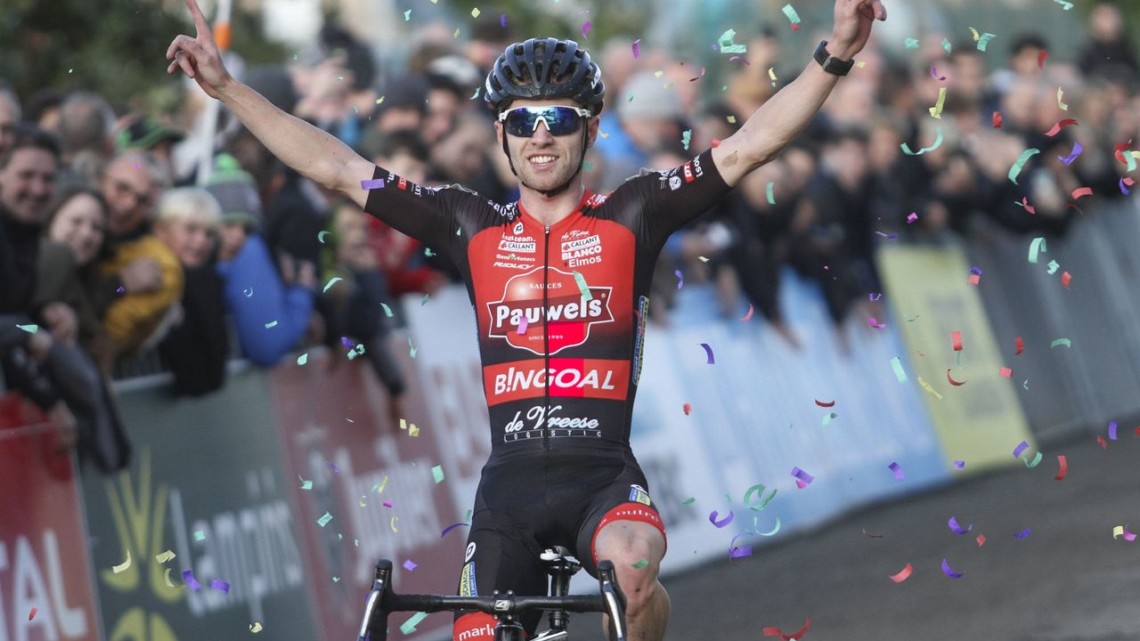 Eli Iserbyt celebrates his sixth win of the season. 2019 Superprestige Gavere. © B. Hazen / Cyclocross Magazine