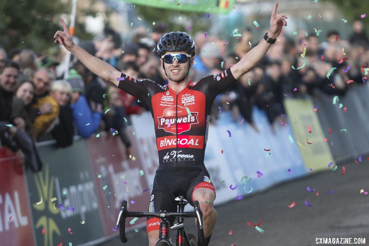 Eli Iserbyt celebrates his sixth win of the season. 2019 Superprestige Gavere. © B. Hazen / Cyclocross Magazine