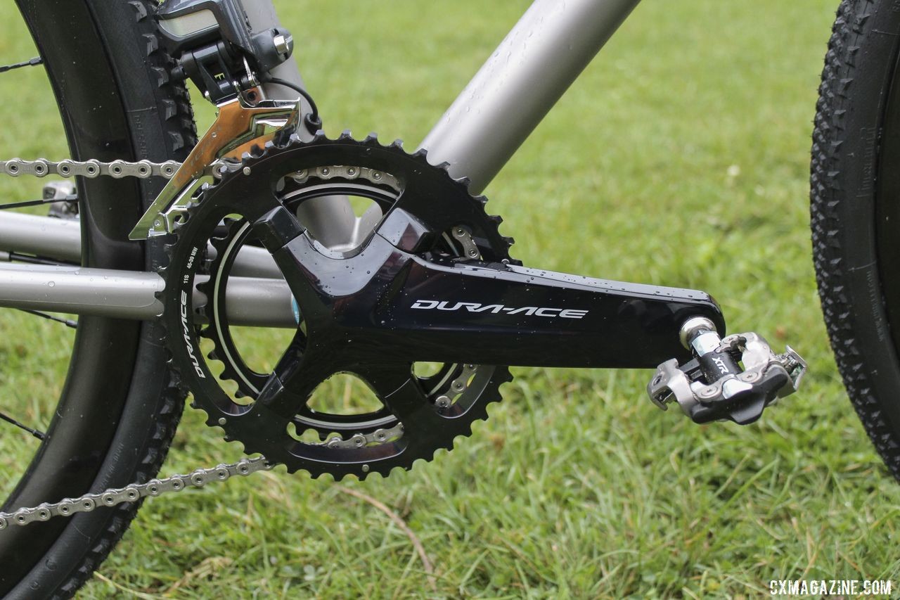 To use cyclocross gearing, Fix ran a Dura-Ace crank with 46/39t chain rings and an Ultegra Di2 front derailleur. Brannan Fix's 2019/20 Moots Psychlo X RSL Cyclocross Bike. © Z. Schuster / Cyclocross Magazine