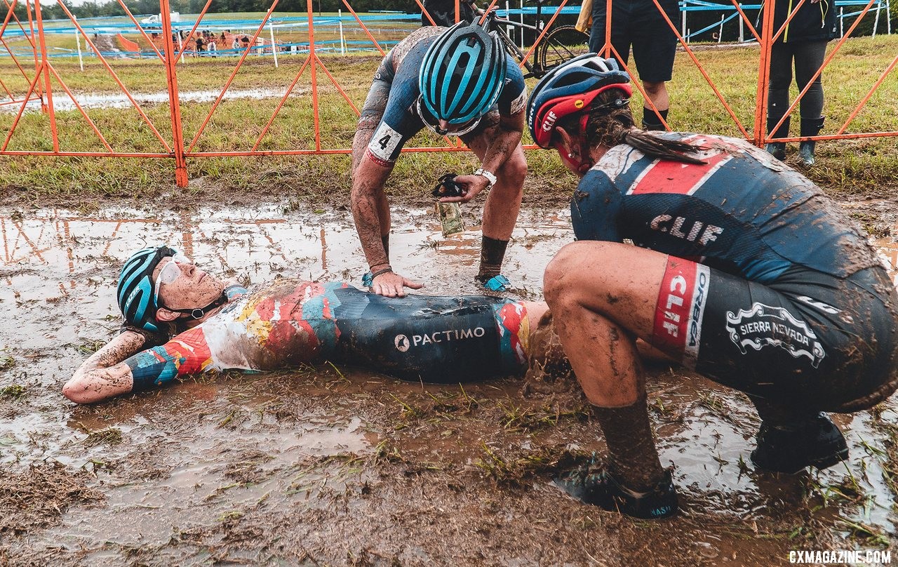 Mani and Nash comfort Gilbert. (2nd, 3rd and 4th) 2019 FayetteCross, Fayetteville, Arkansas. © Kai Caddy