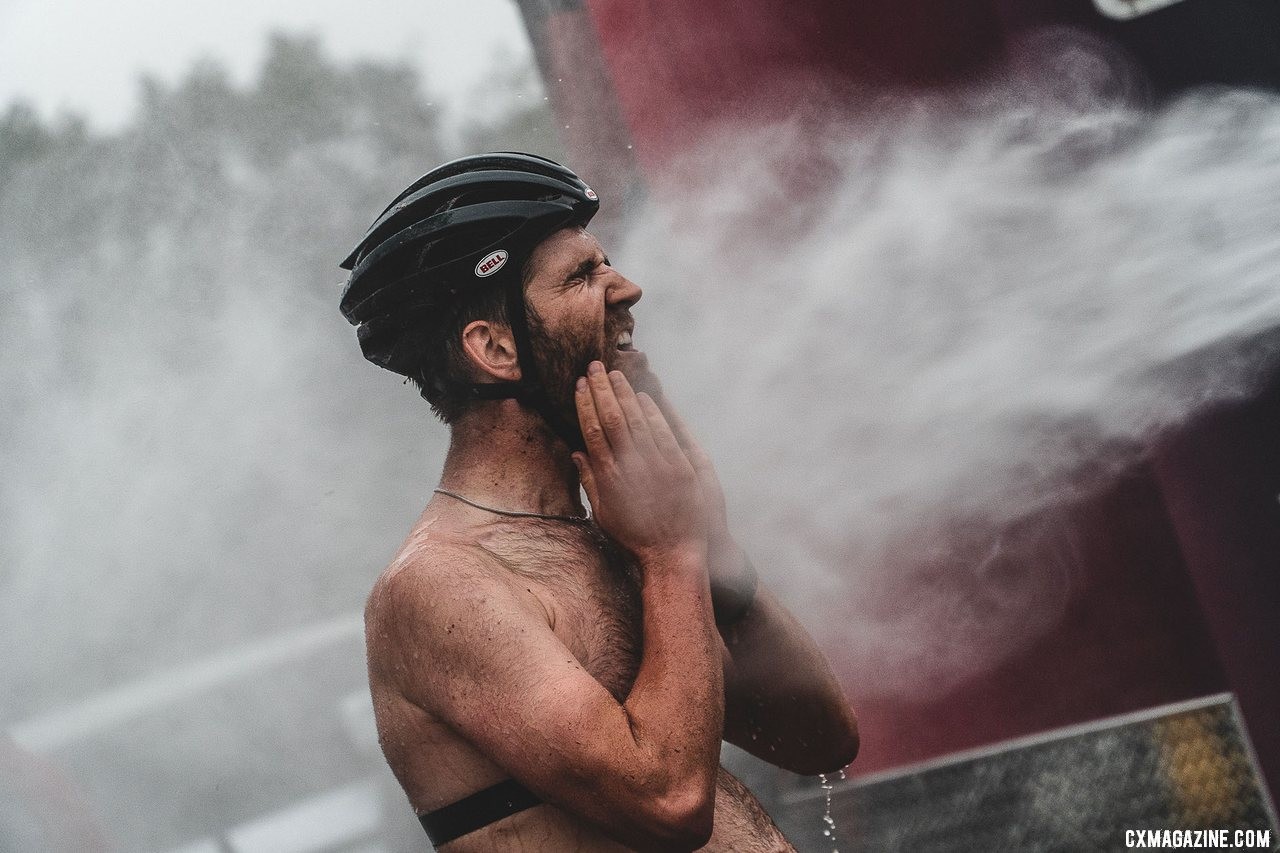 The bike wash became a full body wash. Ortenblad cleans up. 2019 FayetteCross, Fayetteville, Arkansas. © Kai Caddy